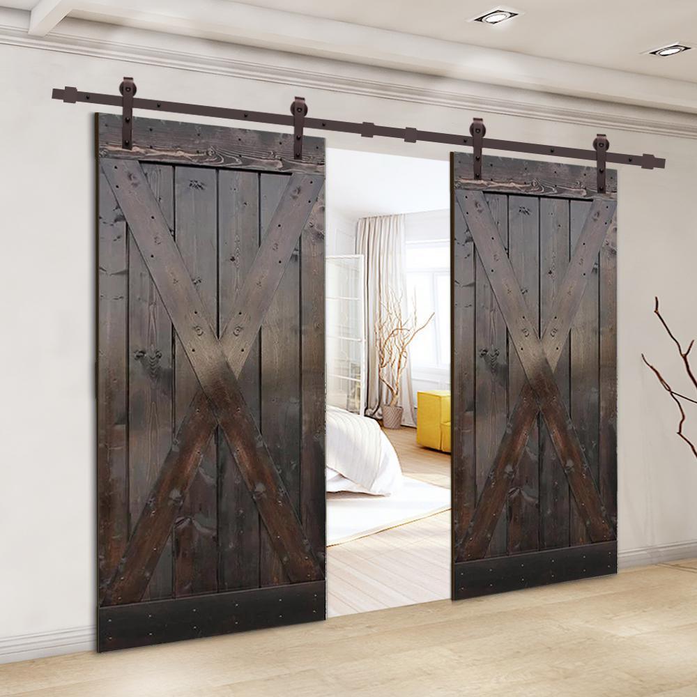 X Series 84 in. x 84 in. Dark Coffee Stained Solid Wood Double Sliding Barn Door with Hardware Kit - Super Arbor