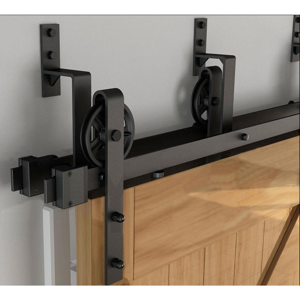 8 ft./96 in. Black Sliding Bypass Barn Door Hardware Track Kit for Double Doors with Non-Routed Floor Guide - Super Arbor