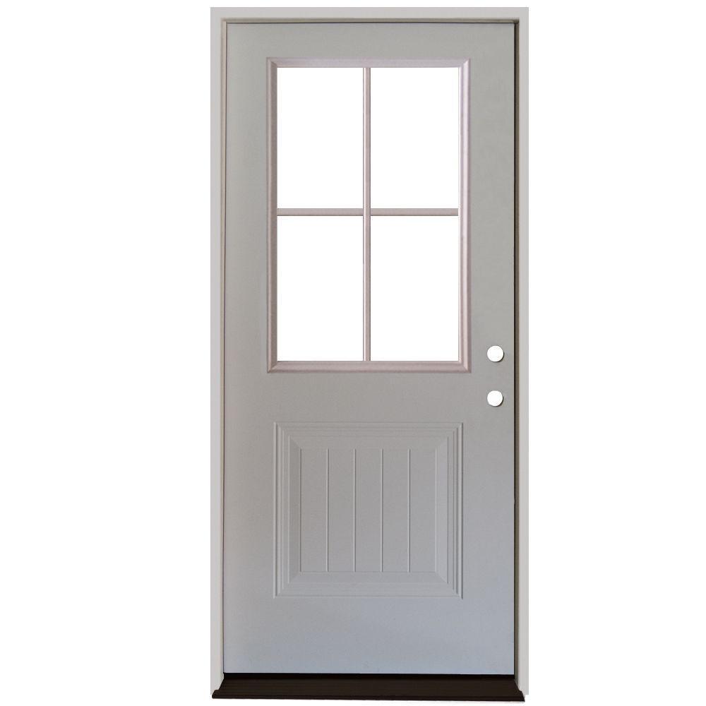 32 in. x 80 in. Premium Clear 4 Lite Plank Panel White Primed Steel Prehung Front Door - Super Arbor