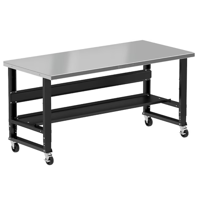 Borroughs 72-in L x 34.375-in H Rolling Powder Coated Finish Stainless Steel Adjustable Height Work Bench