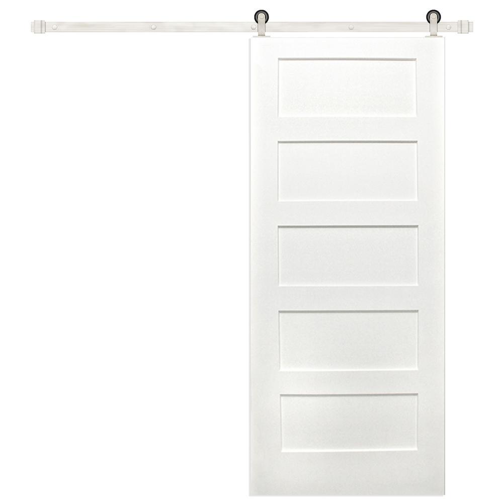 30 in. x 80 in. 5-Panel Unfinished Prime Solid Pine Wood Interior Sliding Barn Door with Oil Rubbed Bronze Hardware Kit - Super Arbor