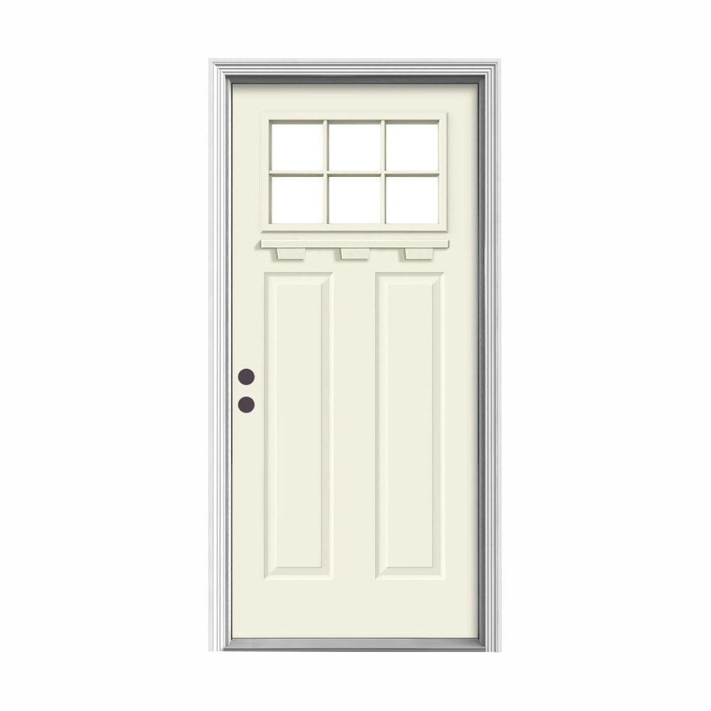 " 36 in. x 80 in. 6 Lite Craftsman Primed Steel Prehung Left-Hand Inswing Front Door w/Brickmould and Shelf"