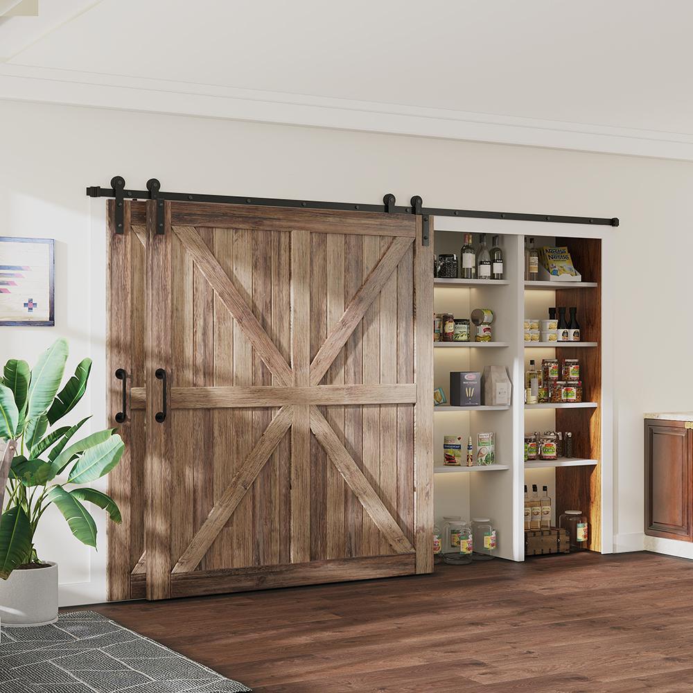 12 ft./144 in. Single Track Bypass Sliding Barn Door Hardware Kit for Double Doors Low Ceiling - Super Arbor
