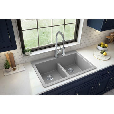 Grey Quartz 33 in. 50/50  Double Bowl Composite Drop-in Kitchen Sink