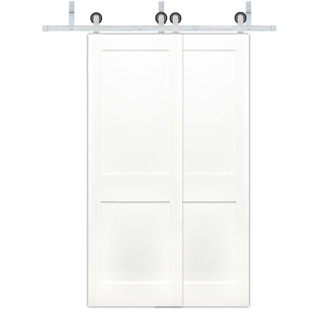 48in.x80in. Bypass Shaker Unfinished 2-Panel Solid Core Prime Pine Wood Sliding Barn Door with Bronze Hardware Kit - Super Arbor