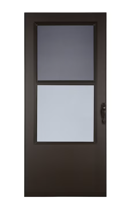 LARSON West Point 32-in x 81-in Brown Mid-view Self-storing Wood Core Storm Door with Brown Handle