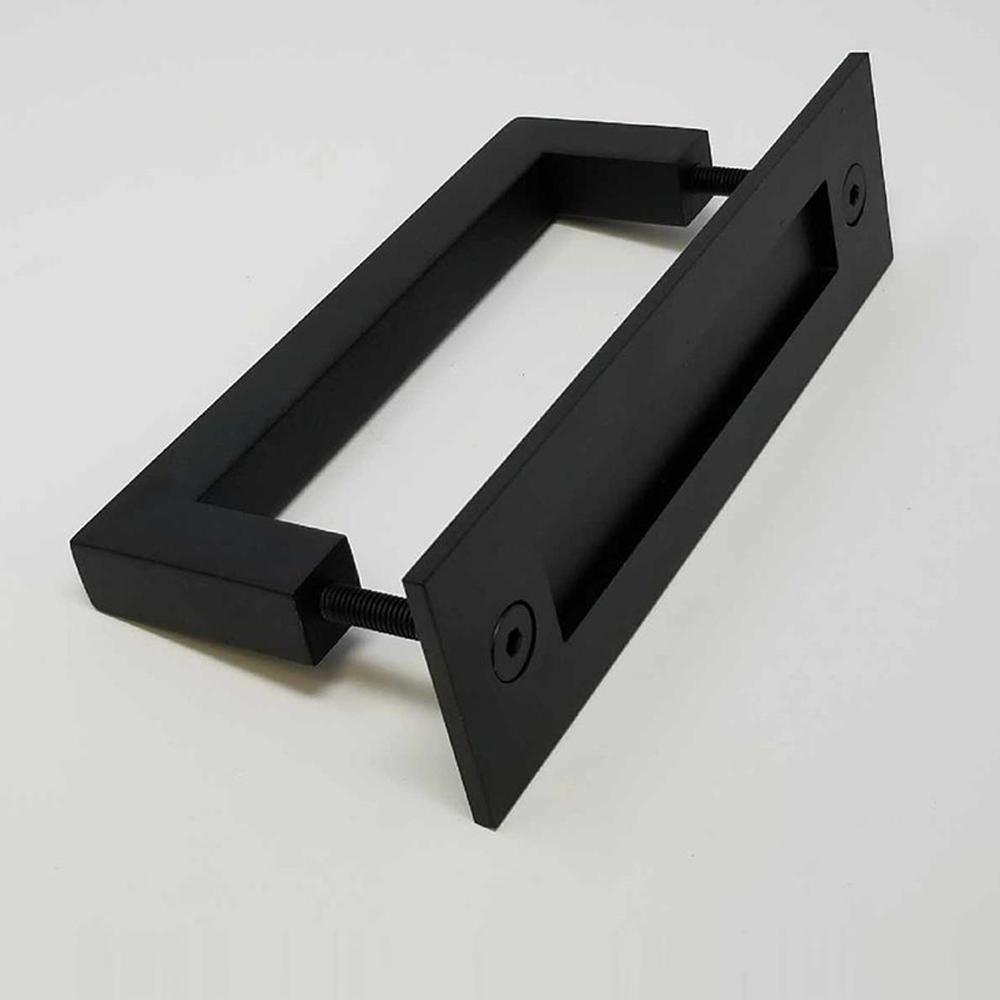 Rectangular 8 in. Matte Black Stainless Steel Ladder Pull and Flush Sliding Barn Door Handleset - Super Arbor