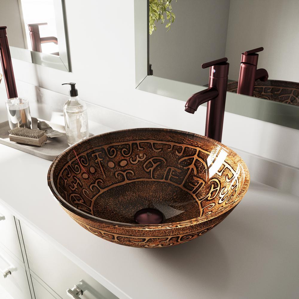 Glass Vessel Bathroom Sink in Gray Onyx and Seville Faucet Set in Matte Black - Super Arbor
