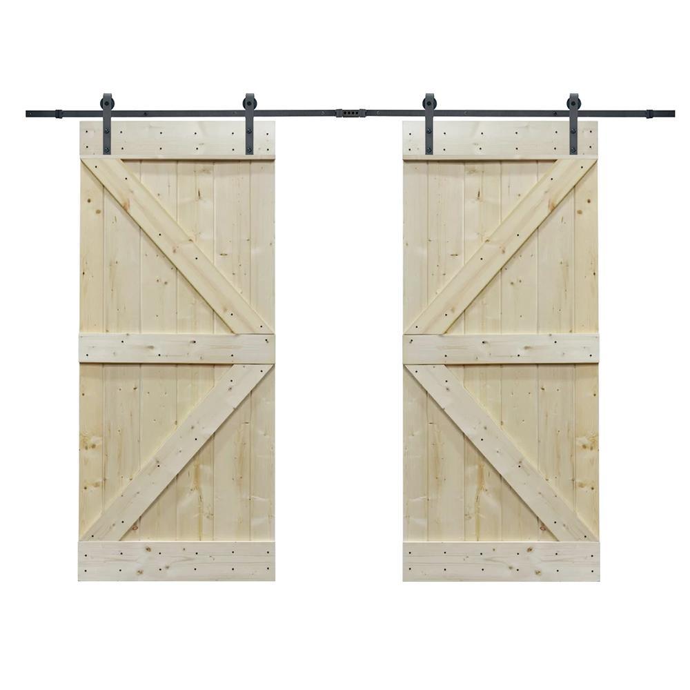 72 in. x 84 in. Unfinished Solid Core Knotty Pine Sliding Barn Door with Hardware Kit - Super Arbor