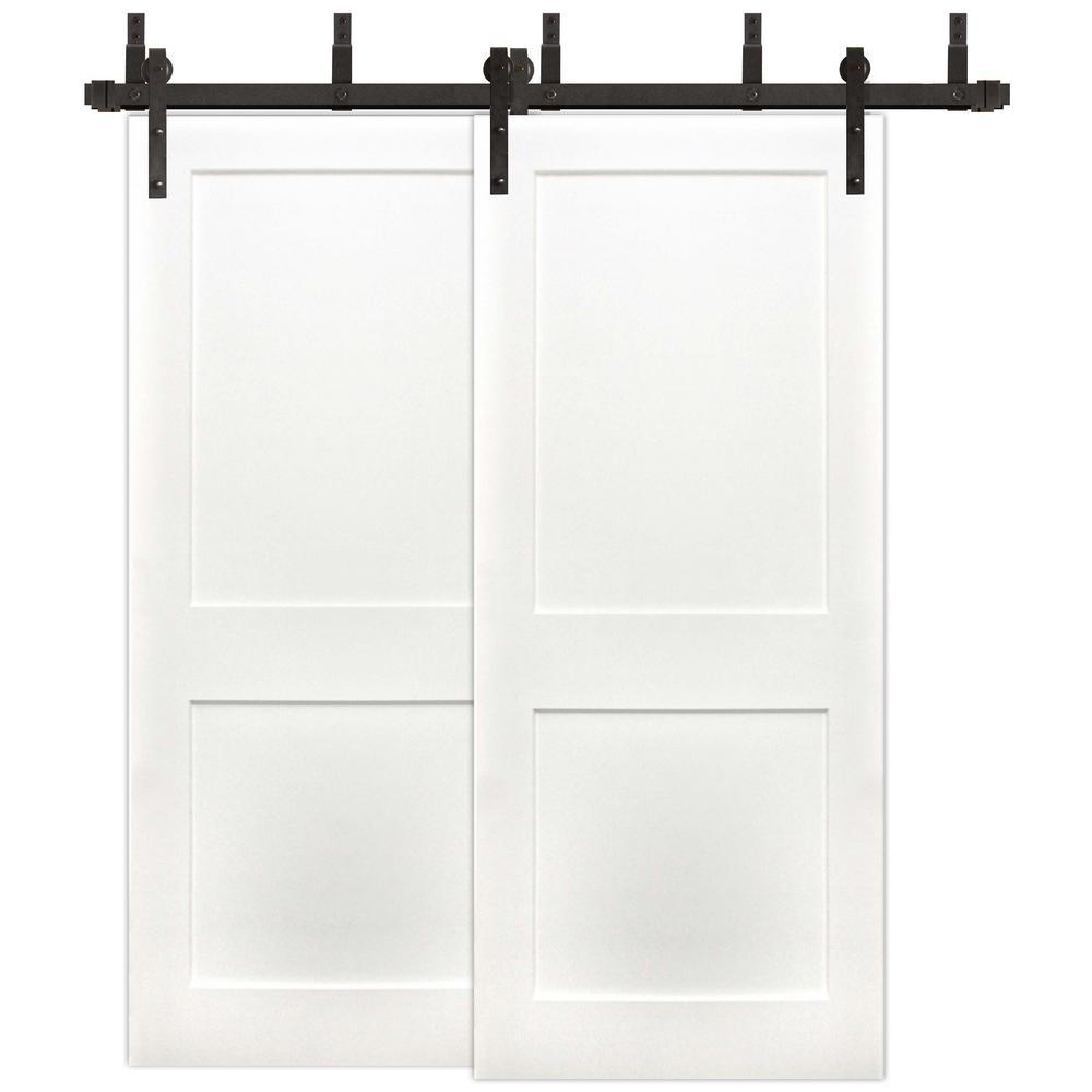 48in.x80in. Bypass Shaker Unfinished 2-Panel Solid Core Prime Pine Wood Sliding Barn Door with Bronze Hardware Kit - Super Arbor
