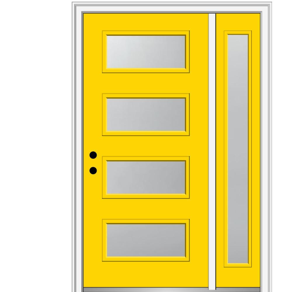 51 in. x 81.75 in. Celeste Frosted Glass Left-Hand Inswing 4-Lite Eclectic Painted Steel Prehung Front Door w/ Sidelite - Super Arbor