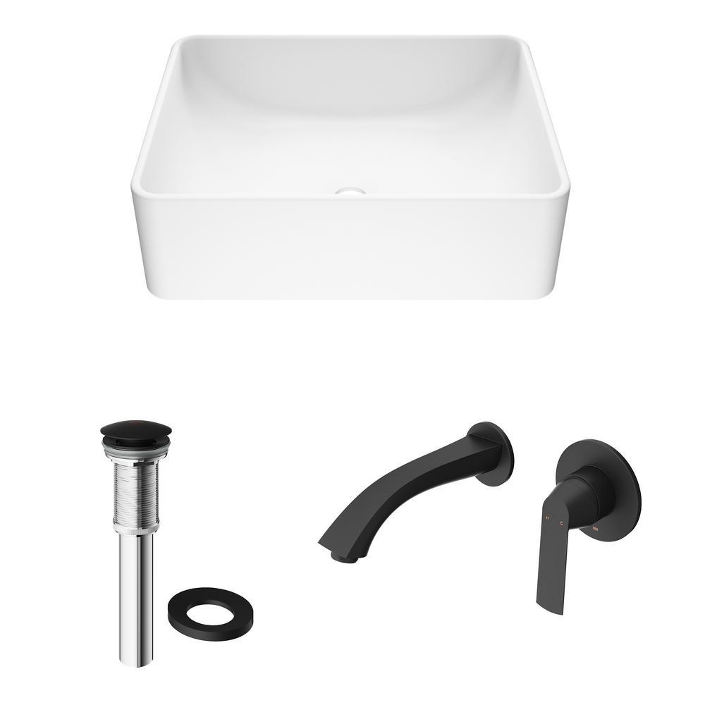 Amaryllis Matte StoneTM Vessel Bathroom Sink Set with Aldous Wall Mount Faucet in Matte Black - Super Arbor