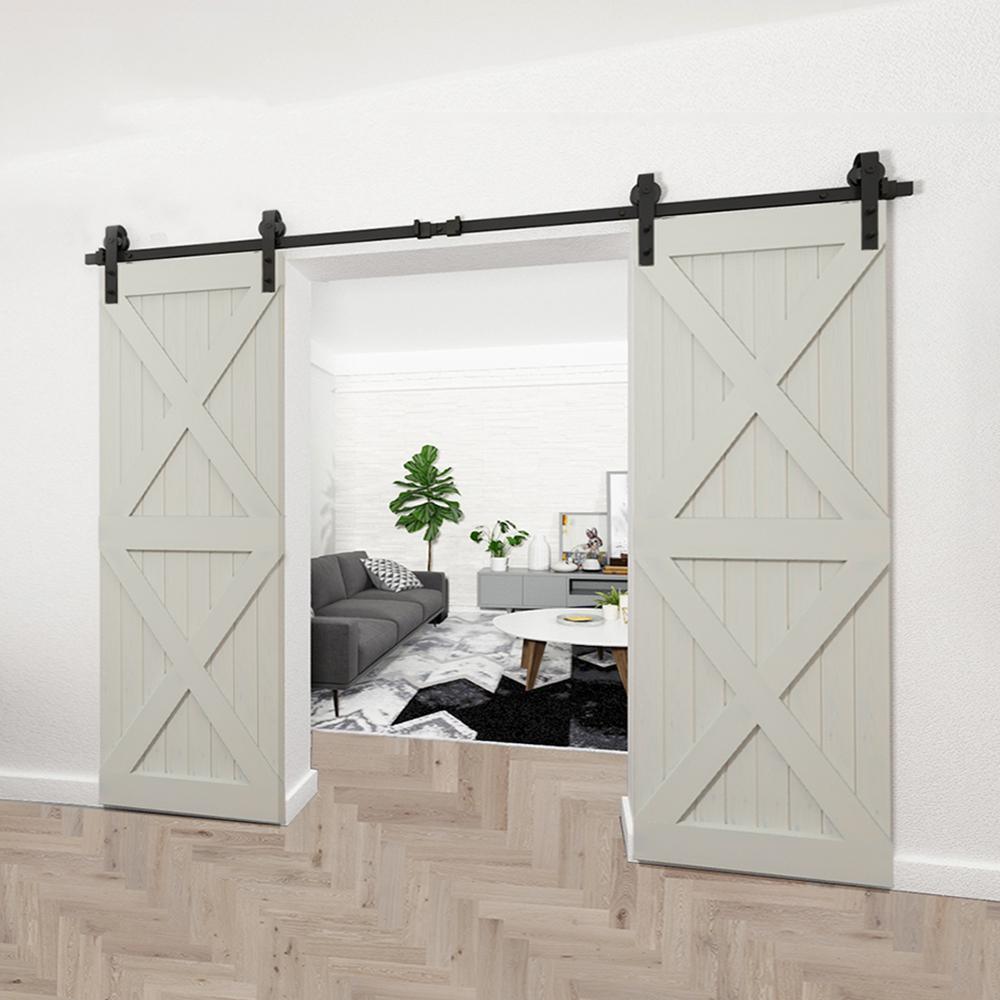 10 ft./120 in. Black Steel Sliding Barn Door Track and Hardware Kit for Double Doors with Floor Guide (J-Shape Hanger) - Super Arbor