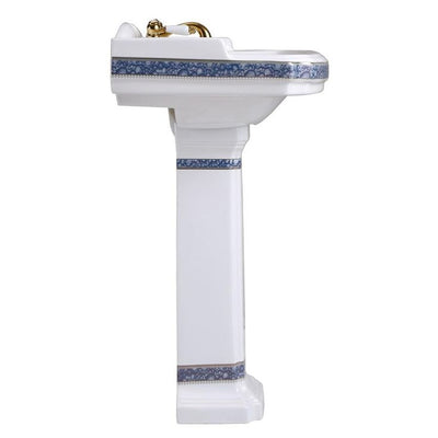 India Reserve 22-7/8 in. Pedestal Combo Bathroom Sink in White Vessel Sink Basin with Blue and Gold Design Overflow