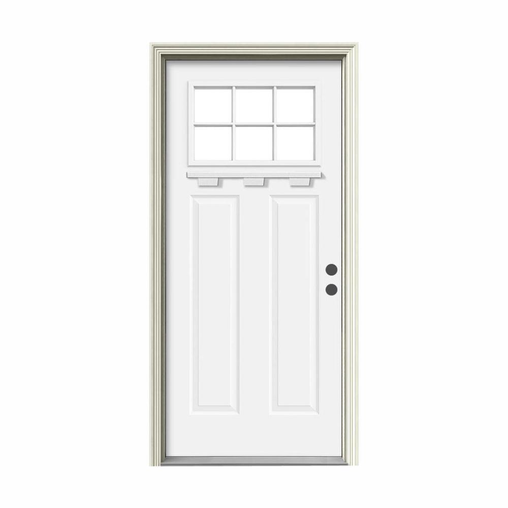 " 36 in. x 80 in. 6 Lite Craftsman Primed Steel Prehung Left-Hand Inswing Front Door w/Brickmould and Shelf"