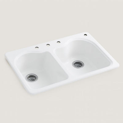 KOHLER Hartland 33-in x 22-in White Double Equal Bowl Drop-In 4-Hole Kitchen Sink