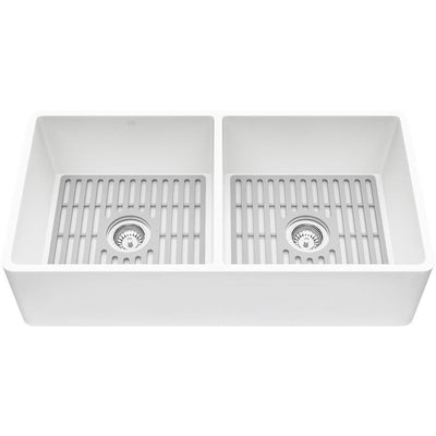 Matte Stone White Composite 36 in. Double Bowl Flat Farmhouse Apron-Front Kitchen Sink with Strainers and Silicone Grids