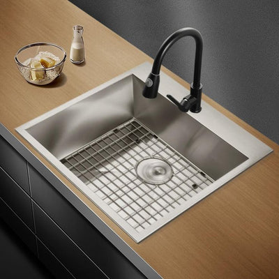 Handmade Drop-in Stainless Steel 25 in. x 22 in. 1-Hole Single Bowl Kitchen Sink with Sink Grid