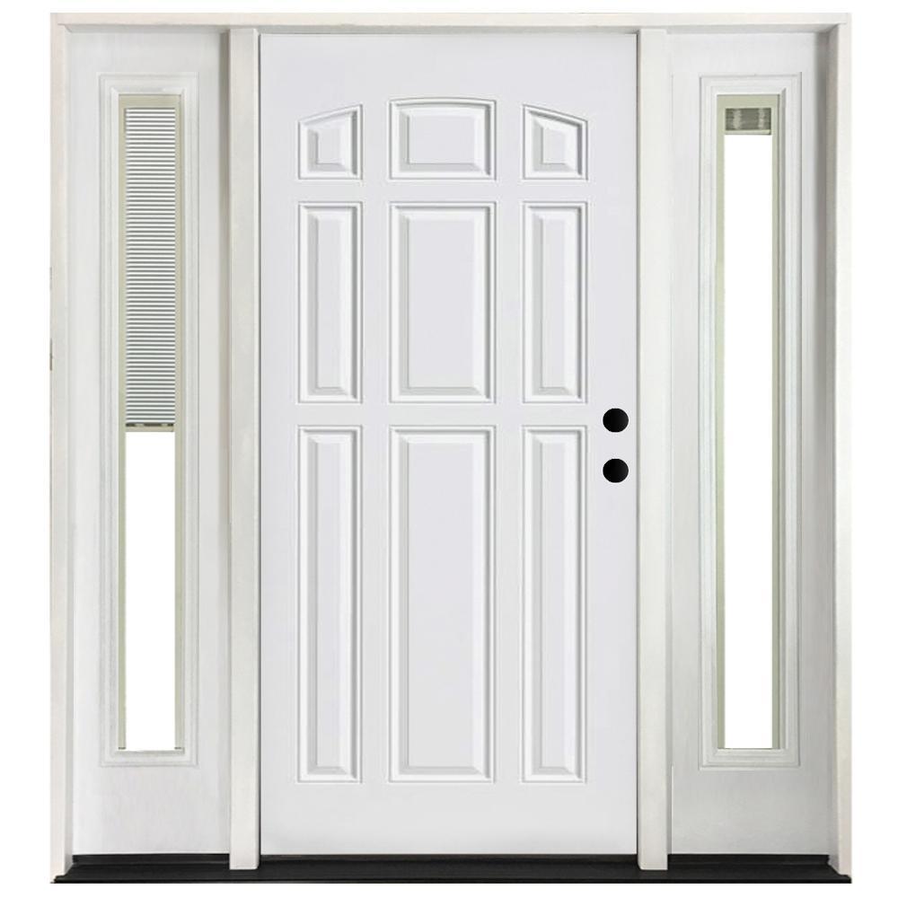 68 in. x 80 in. 9-Panel Primed White Left-Hand Steel Prehung Front Door with 14 in. Mini Blind Sidelites 4 in. Wall - Super Arbor
