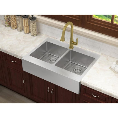 Brimley Retrofit Dual Mount Stainless Steel 33 in. 1-Hole 50/50 Double Bowl Flat Farmhouse Apron Front Kitchen Sink