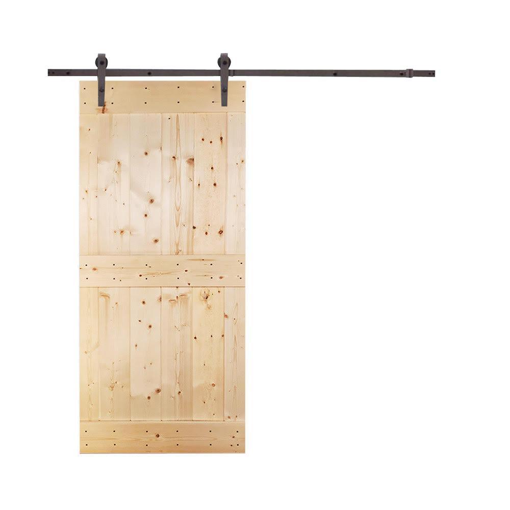 36 in. x 84 in. Mid-Bar White Knotty Pine Wood Interior Sliding Barn Door With Hardware Kit - Super Arbor