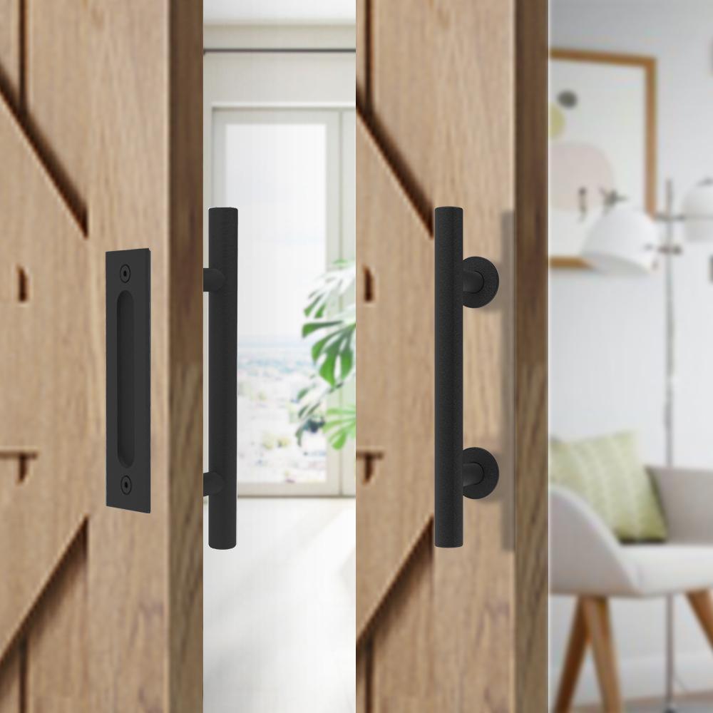 6.6 ft./79 in. Black Steel Strap Sliding Barn Door Track and Hardware Kit with 12 in. Cylinder Handle and Floor Guide - Super Arbor