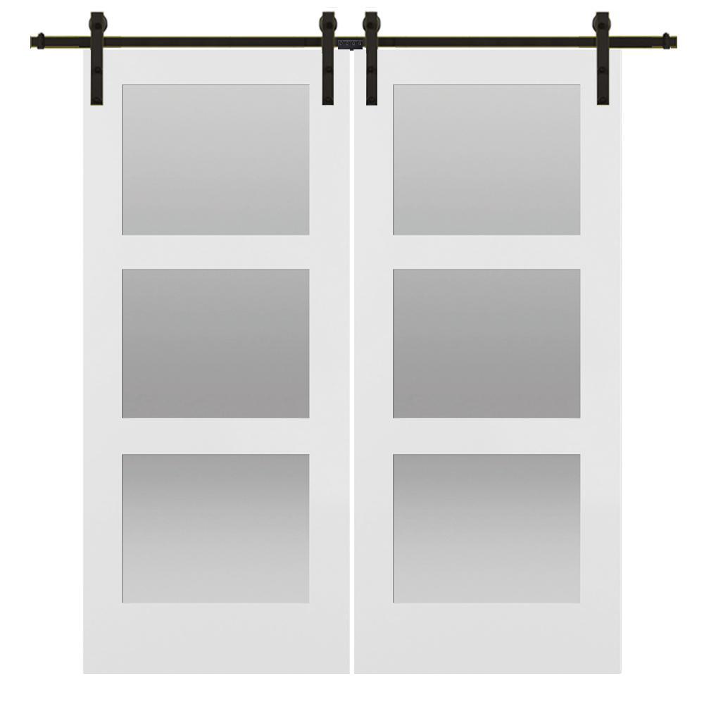 72 in. x 84 in. Shaker 3-Lite Frosted Glass Primed MDF Double Sliding Barn Door with Bent Strap Hardware Kits - Super Arbor