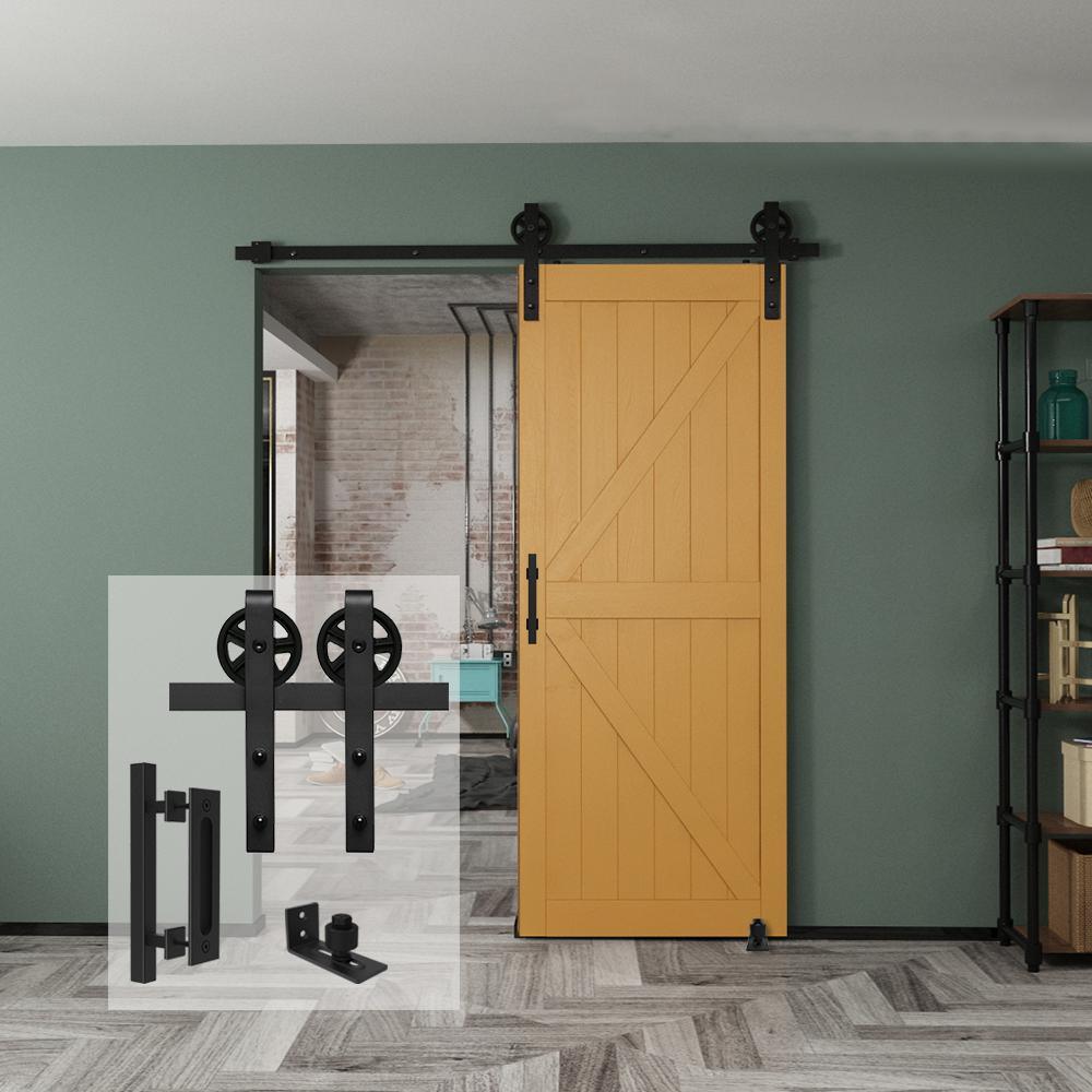 6.6 ft./79 in. Black Steel Strap Sliding Barn Door Track and Hardware Kit with 12 in. Square Handle and Floor Guide - Super Arbor