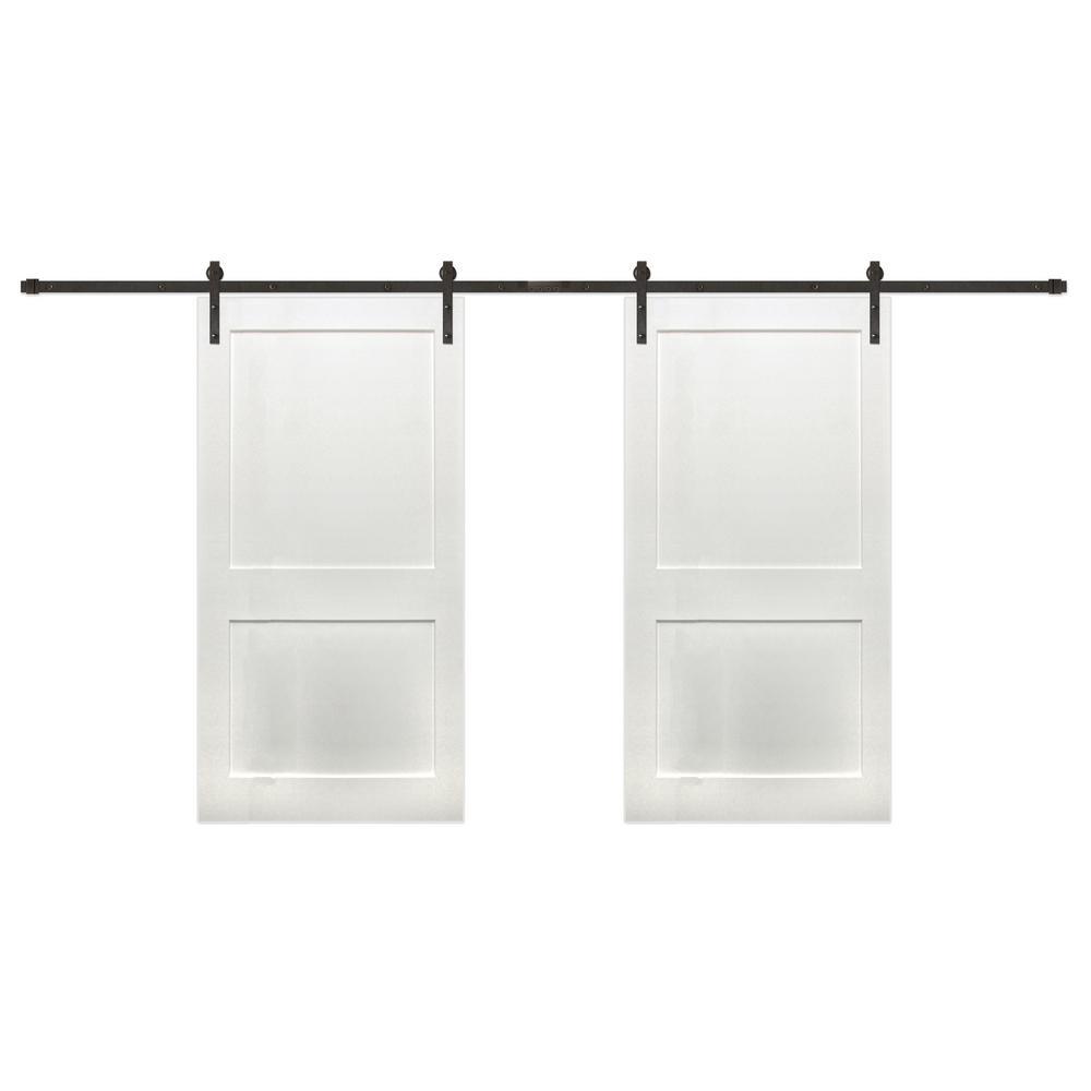 48 in. x 80 in. Bi-Part Shaker 2-Panel Solid Core Primed Pine Wood Sliding Barn Door with Bronze Hardware Kit - Super Arbor