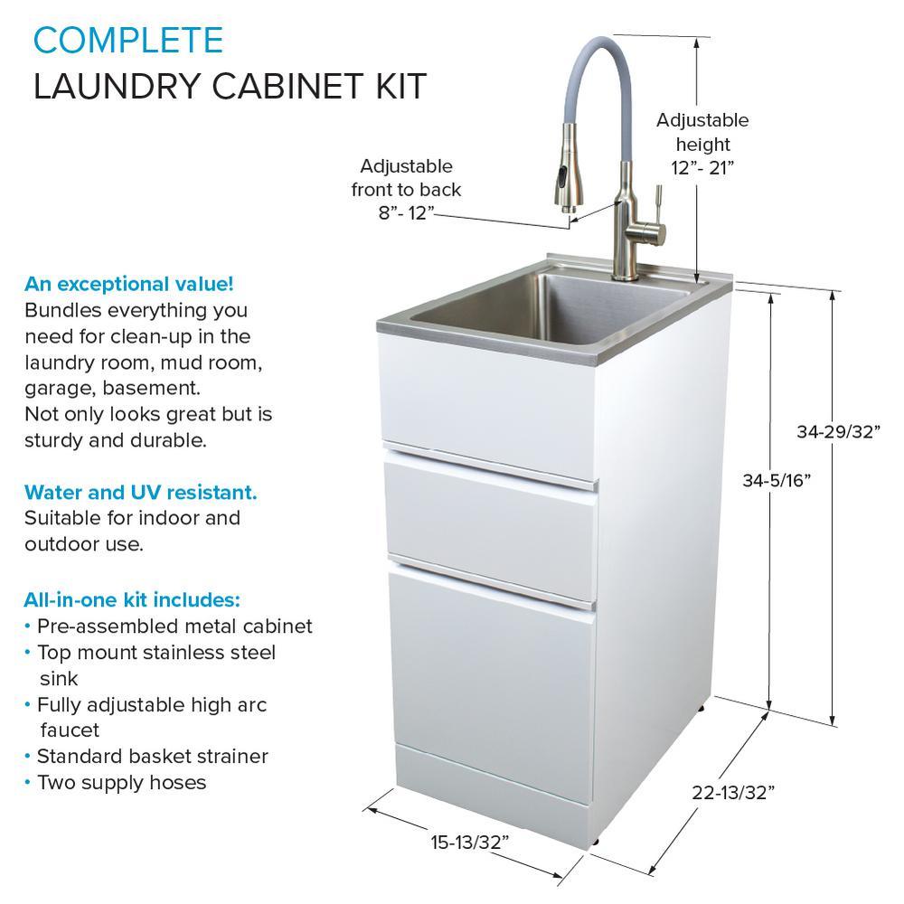 All-in-One 15.5 in. x 22.4 in. x 34.9 in. Metal Drop-In Laundry/Utility Sink and Cabinet in White - Super Arbor