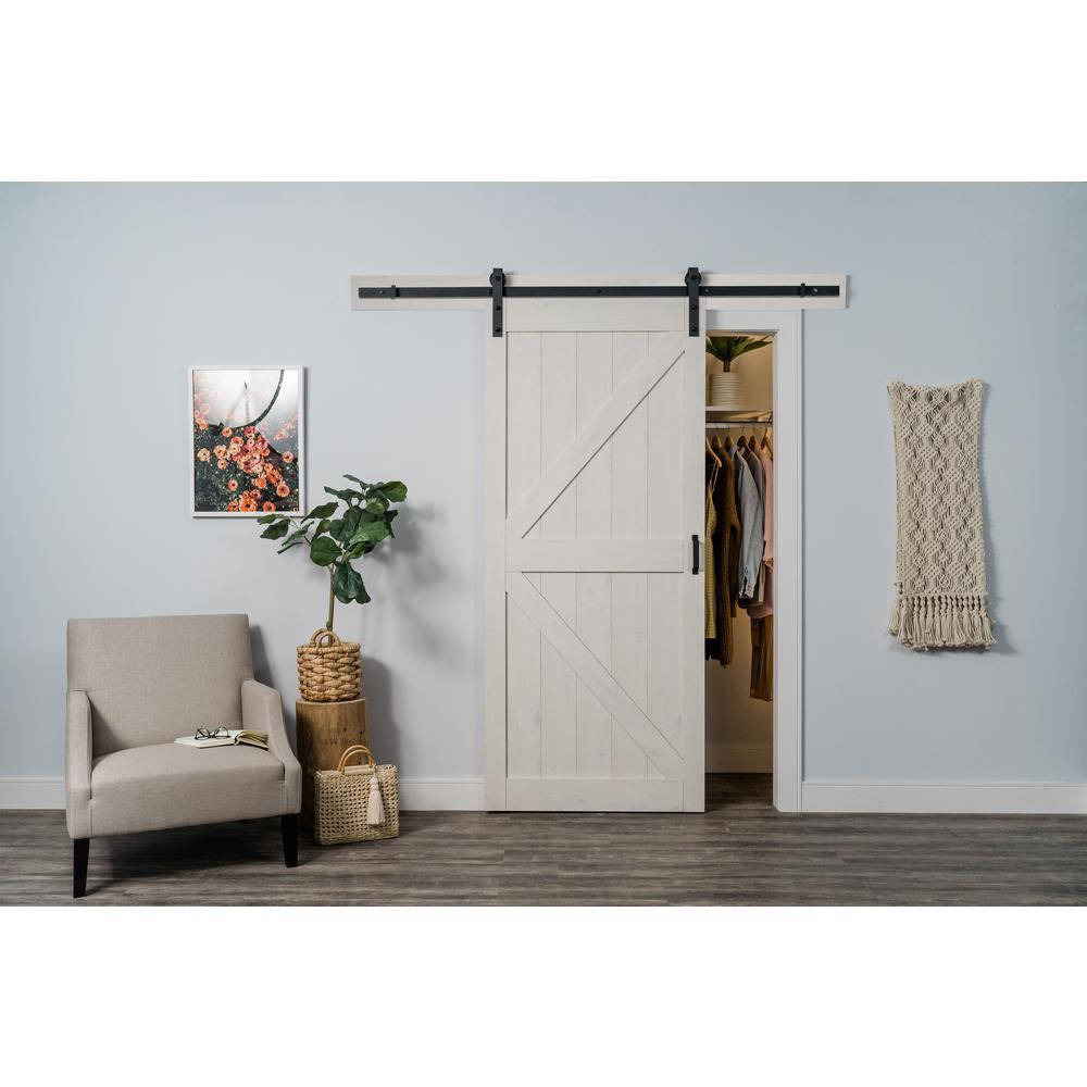 K Design 36 in. x 84 in. Ashen White Finished MDF Sliding Barn Door with Bent Strap Hardware Kit - Super Arbor