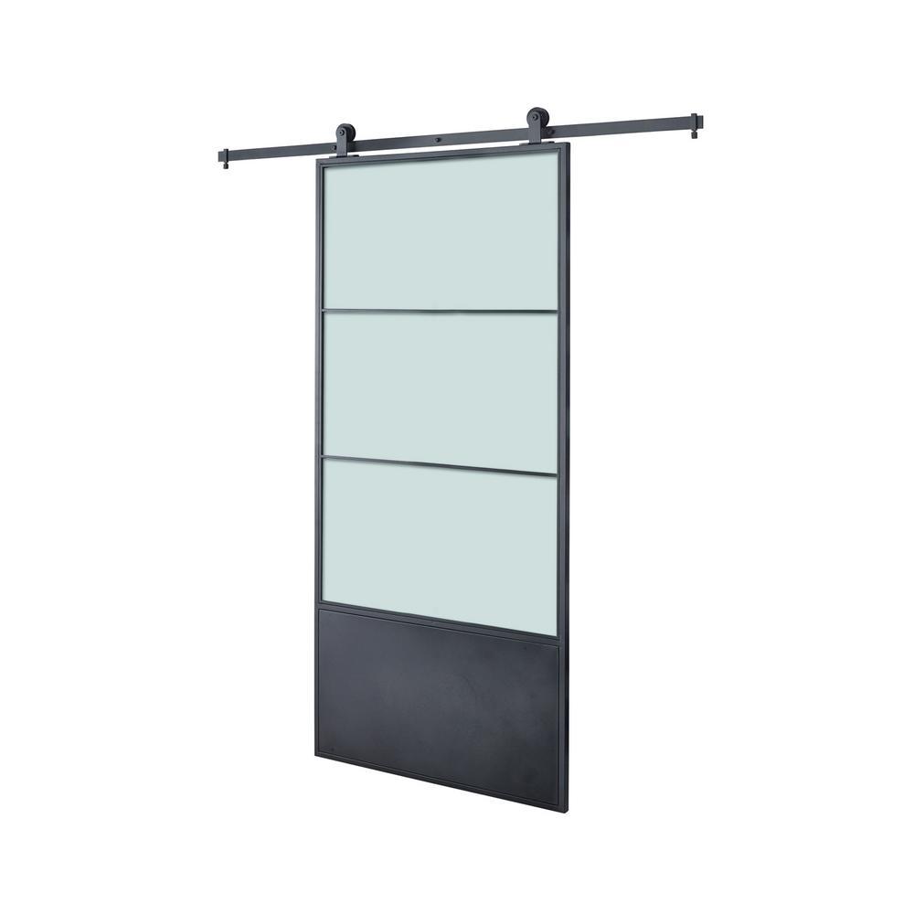 37in.x84in.x3 in.Concorde Epoxy Coated Steel Frame w/Frosted Tempered Glass Barn Door Interior Sliding Door Hardware Kit - Super Arbor