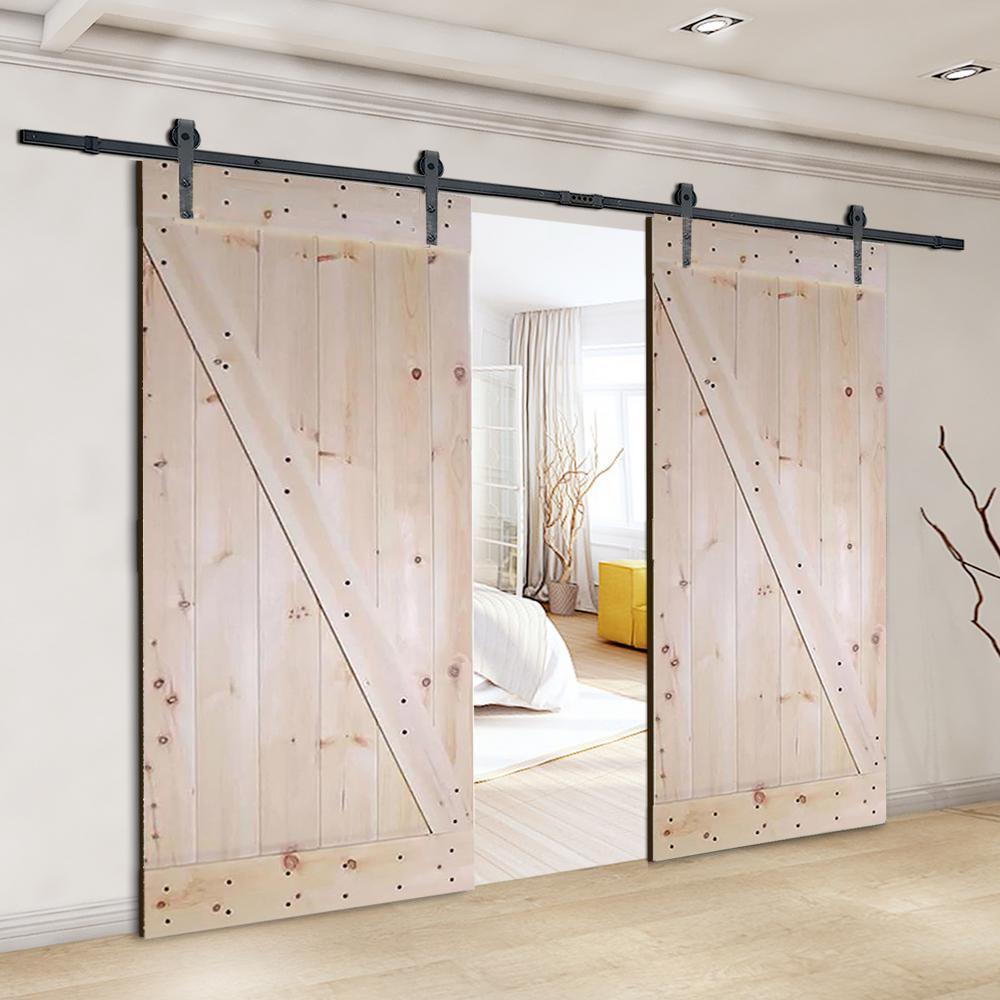 60 in. x 84 in. Unfinished Knotty Pine Wood Double Sliding Barn Door with Classic Bent Strap Black Hardware Kit - Super Arbor