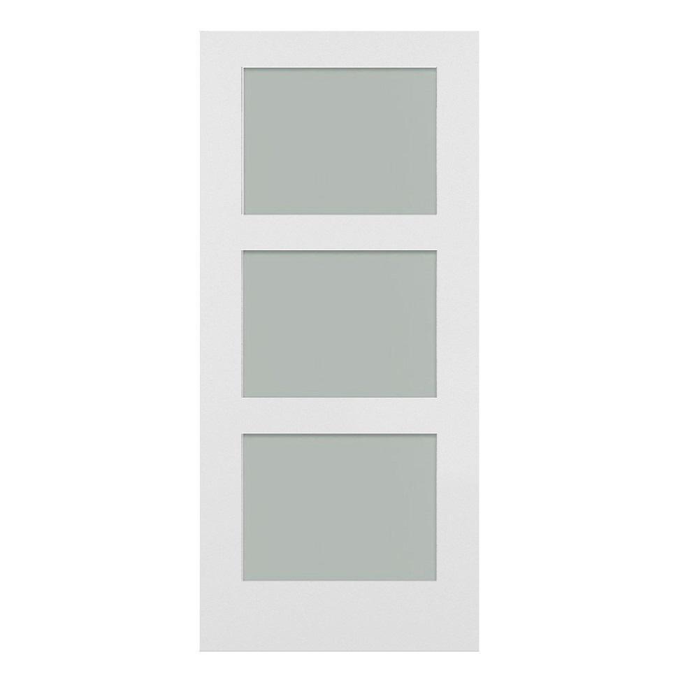 36 in. x 84 in. Shaker 3-Lite Frosted Glass Primed MDF Composite Barn Door Slab - Super Arbor