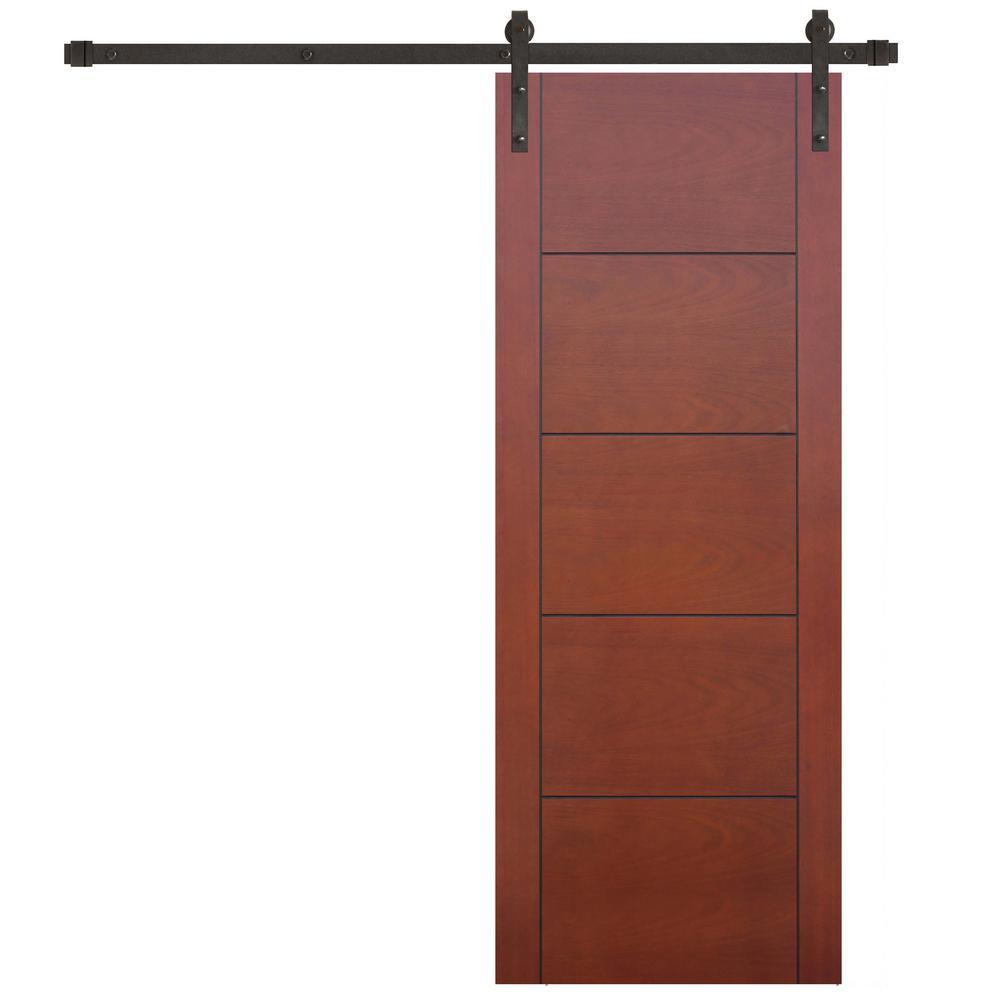 36 in. x 84 in. Contemporary Prefinished 5-Panel Flush Mahogany Wood Sliding Barn Door with Bronze Hardware Kit - Super Arbor
