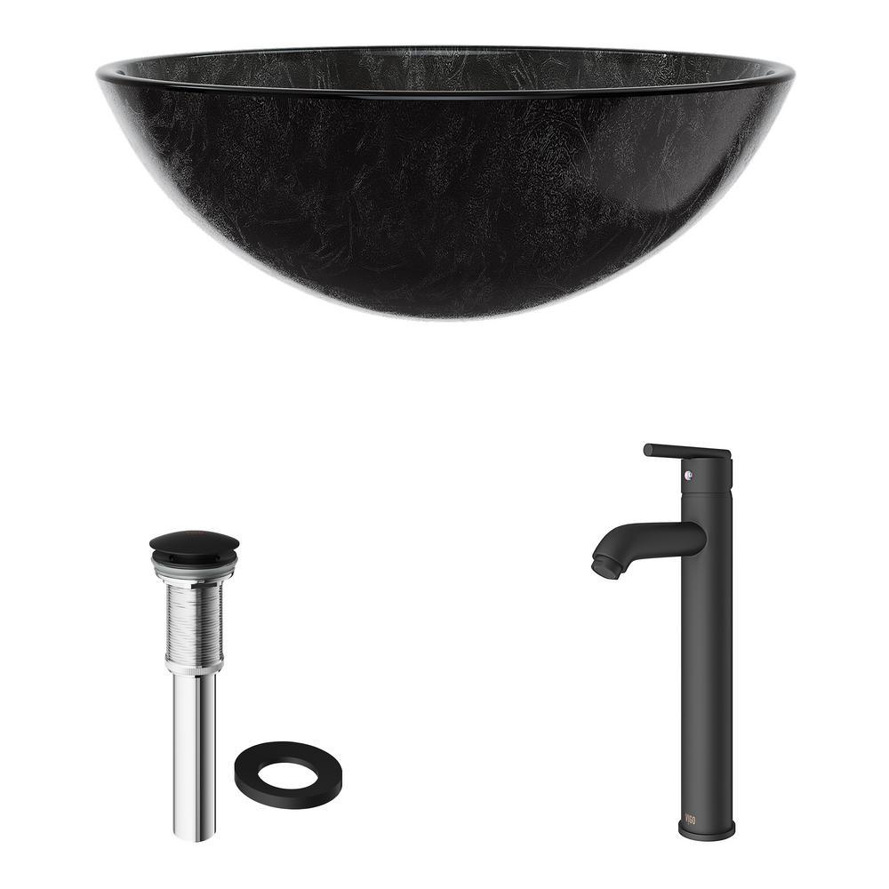 Glass Vessel Bathroom Sink in Gray Onyx and Seville Faucet Set in Matte Black - Super Arbor