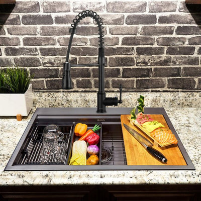 All-in-One Matte Black Finished Stainless Steel 30 in. x 22 in. Single Bowl Drop-in Kitchen Sink with Spring Neck Faucet