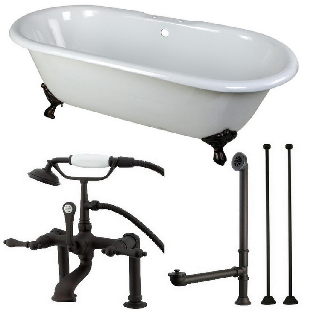 Classic Double Ended 66 in. Cast Iron Clawfoot Bathtub in White and Faucet Combo in Brushed Nickel - Super Arbor