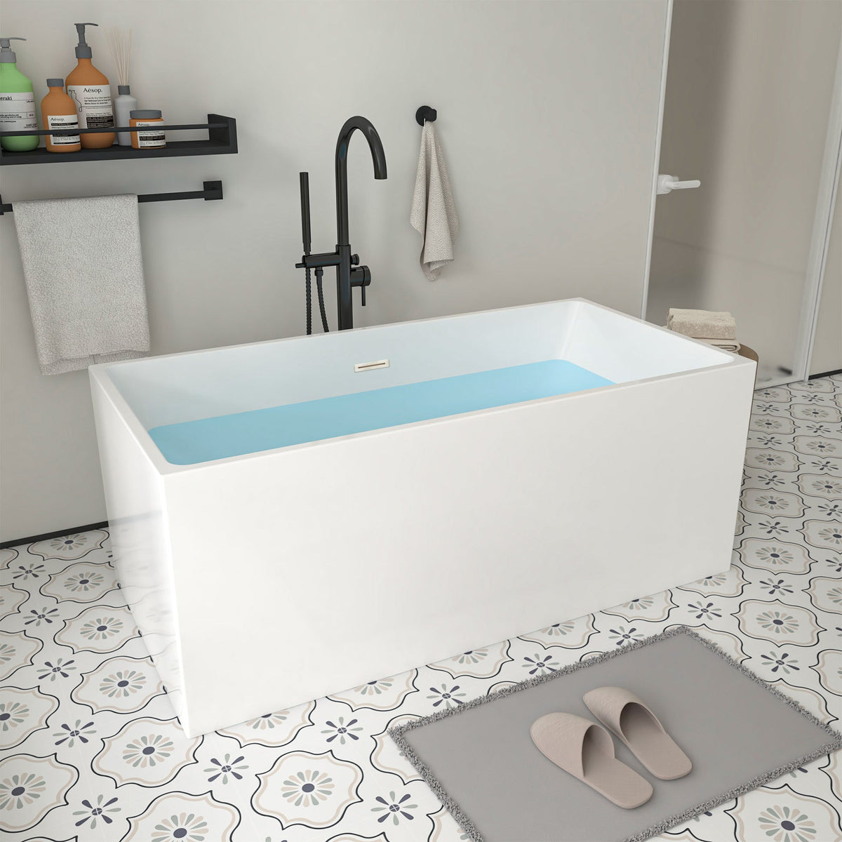 Vanity Art Talence 59 in. Acrylic Flatbottom Freestanding Bathtub in White with Integrated Overflow