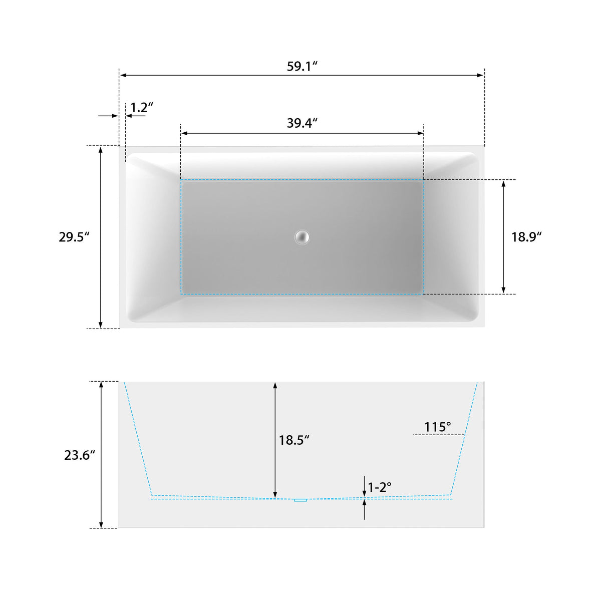 Vanity Art Talence 59 in. Acrylic Flatbottom Freestanding Bathtub in White with Integrated Overflow