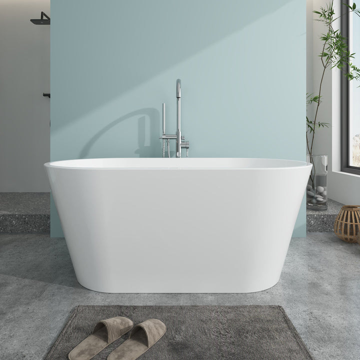Vanity Art Domme 59 in. Acrylic Flatbottom Freestanding Non-Slip Bathtub in White/Brushed Nickel