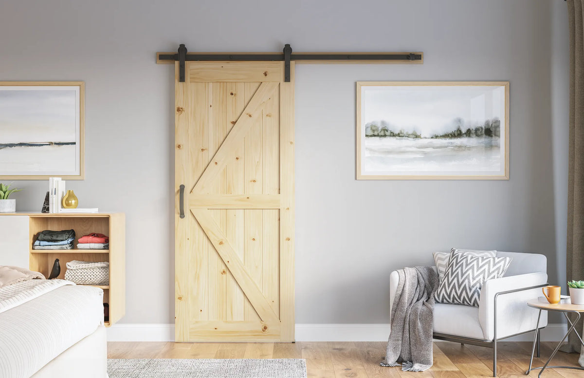 Masonite 36 in. x 84 in. K-Bar Knotty Pine Wood Interior Sliding Barn Door Slab with Hardware Kit