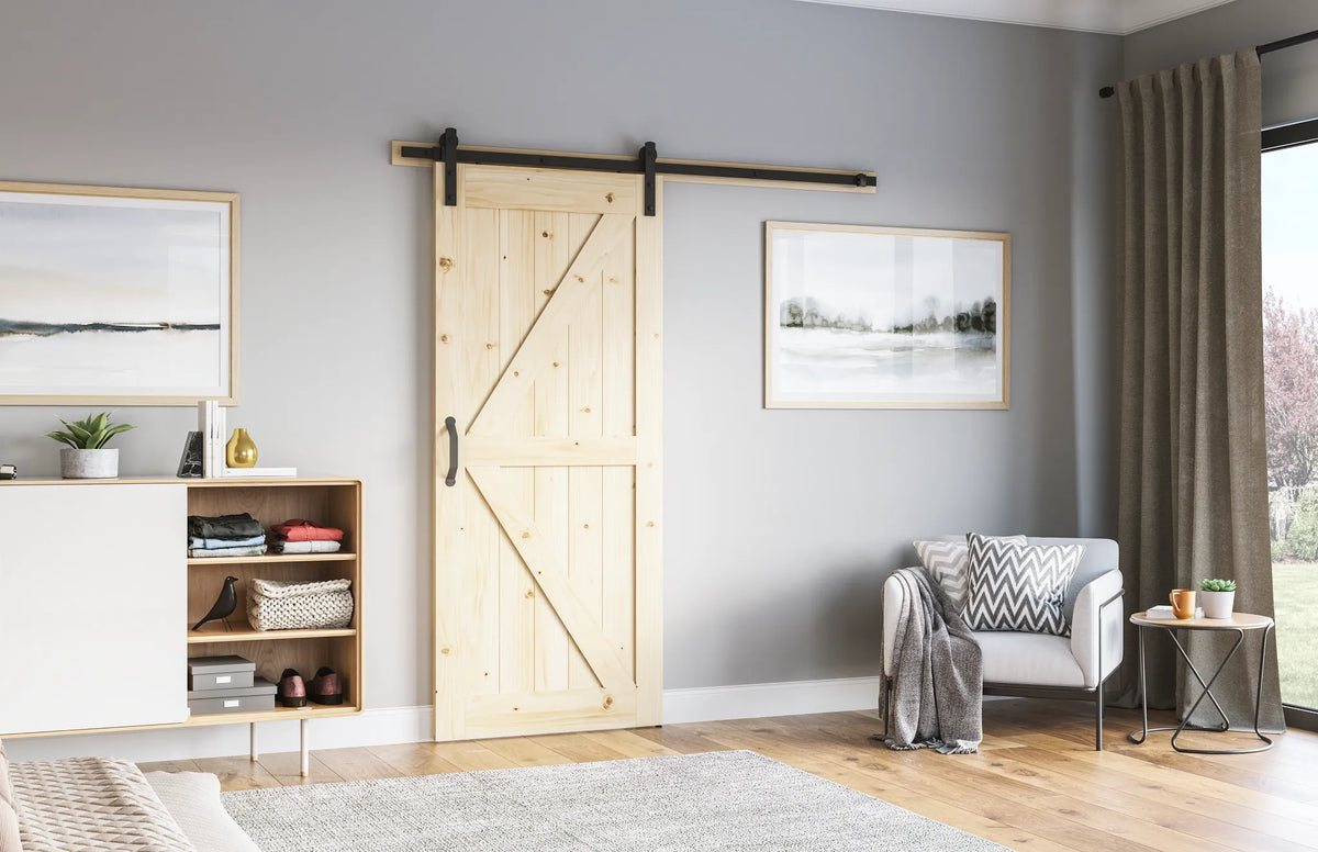 Masonite 36 in. x 84 in. K-Bar Knotty Pine Wood Interior Sliding Barn Door Slab with Hardware Kit
