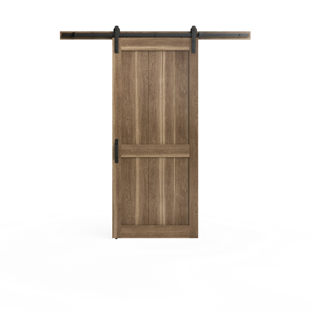 Masonite 36 in. x 84 in. 2 Panel Plank Sandy Brown Interior Sliding Barn Door Slab with Hardware Kit