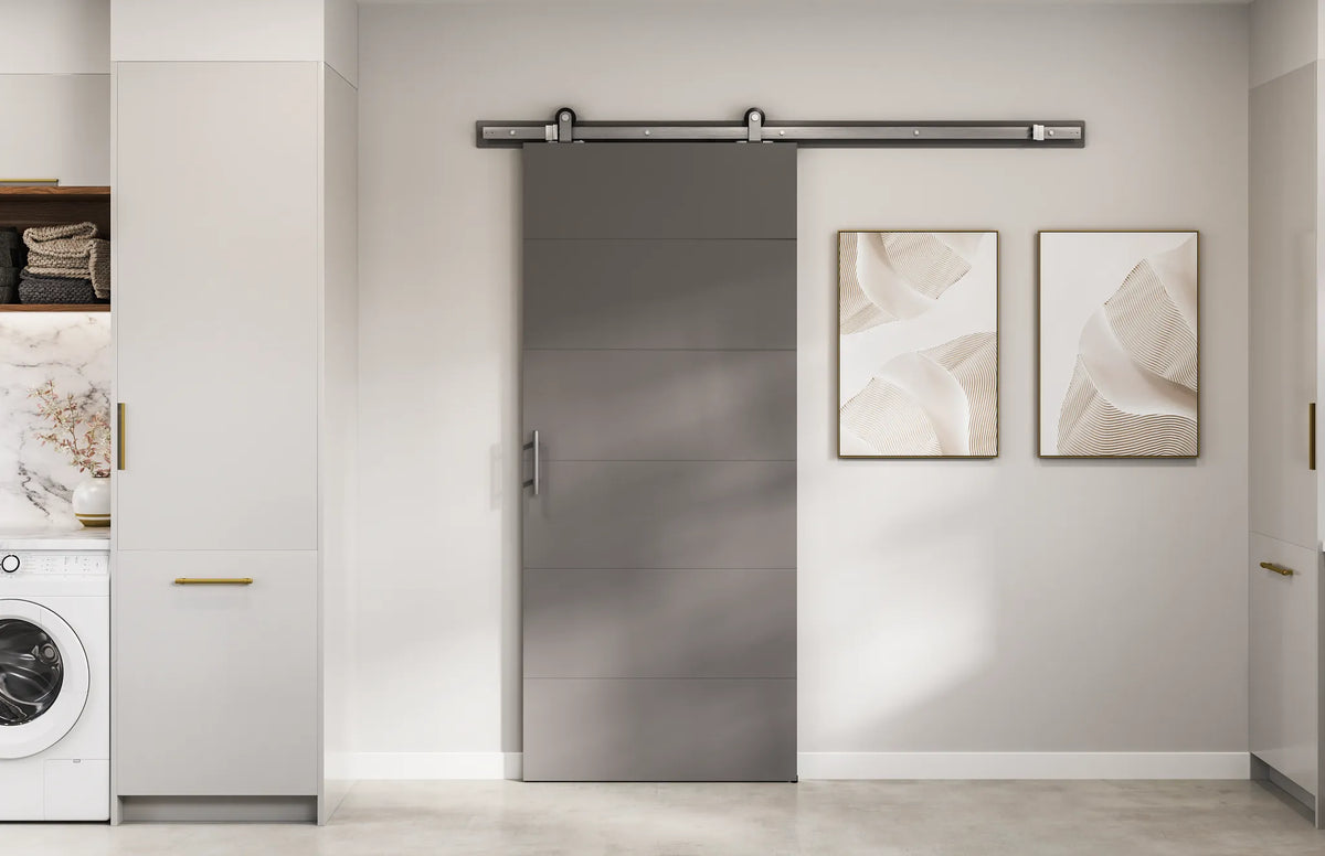 Masonite 36 in. x 84 in. Melrose Primed Interior Sliding Barn Door Slab with Hardware Kit
