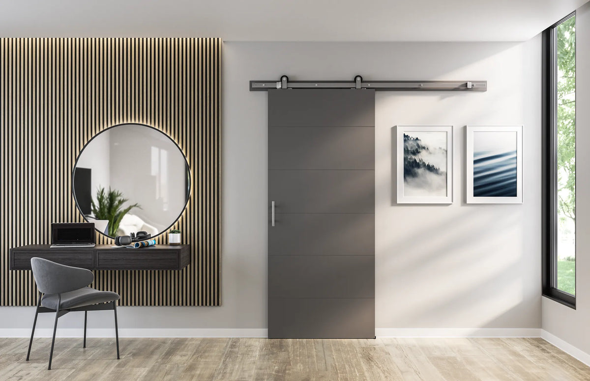 Masonite 36 in. x 84 in. Melrose Primed Interior Sliding Barn Door Slab with Hardware Kit