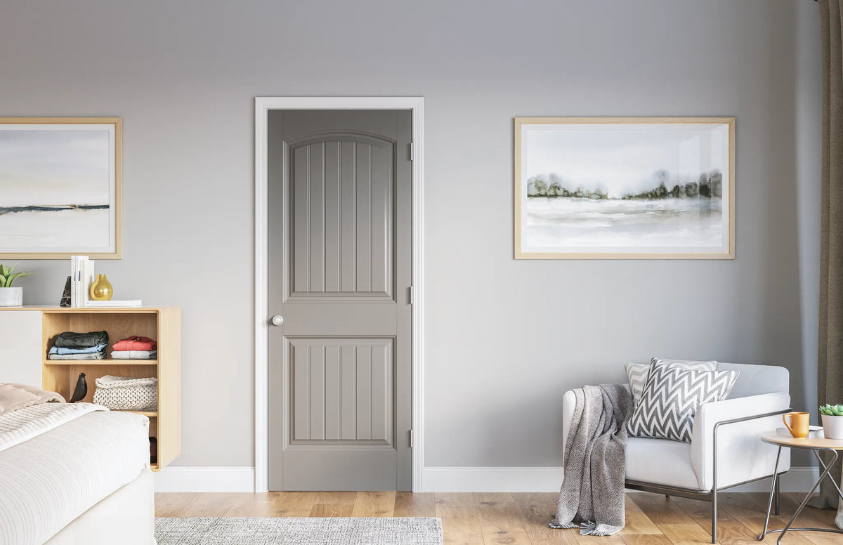 Masonite Cheyenne 36-in x 80-in White 2-Panel Round Top Plank Solid Core Prefinished Molded Composite Right-Hand Inswing Single Prehung Interior Door