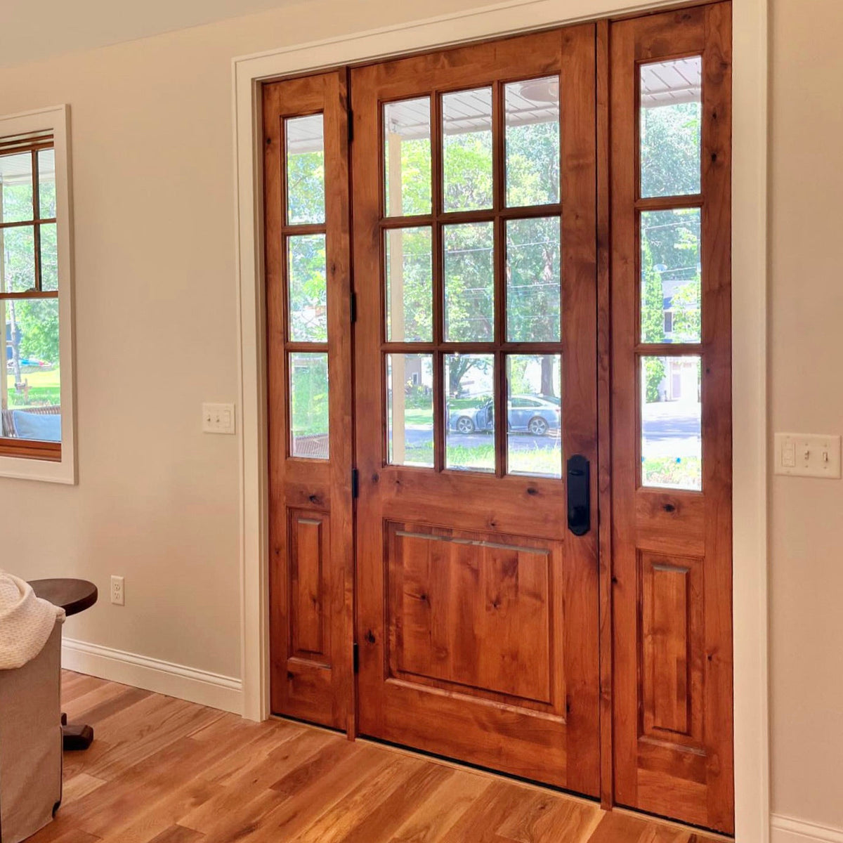 72 in. x 96 in. Craftsman Knotty Alder 9-Lite Clear Glass Unfinished Wood Right Active Inswing Double Prehung Front Door