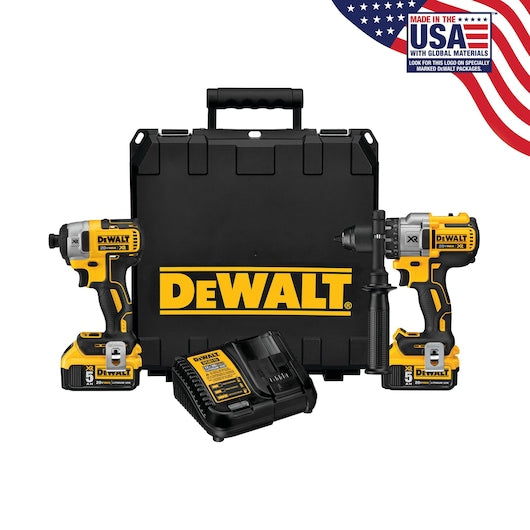 DEWALT 20V MAX XR Cordless Brushless Hammer Drill & Impact Driver Combo Kit, 2-Tool, with (2) 5Ah Batteries, Charger & Case (DCK299P2)