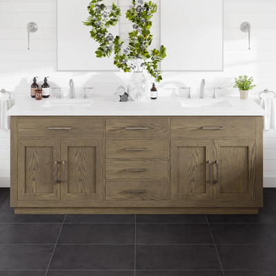 Eviva Abbington 84"W x 22"D Gray Oak Double Sink Bathroom Vanity with White Cultured Marble Countertop and Undermount Porcelain Sinks